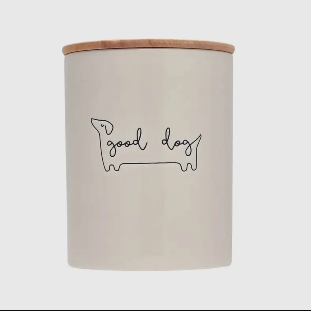 White Ceramic Dog Treat Jar with Wooden Lid